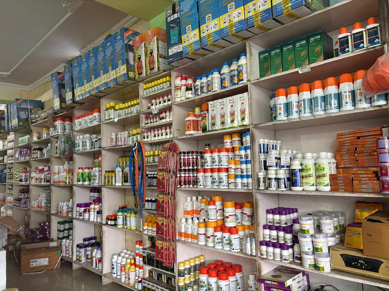Shelves stocked with agricultural chemicals