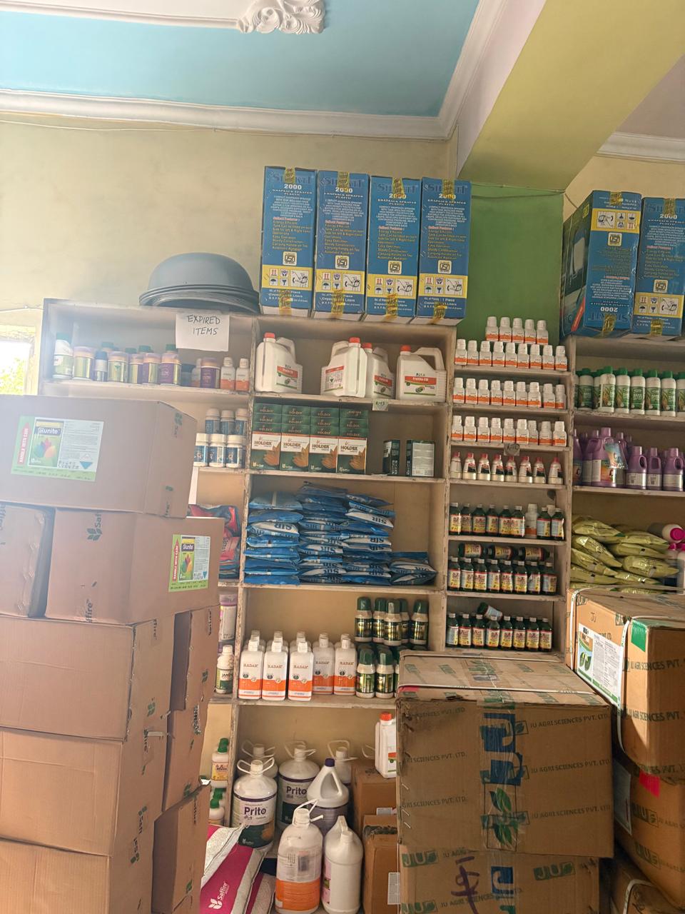 Shelves stocked with agricultural supplies