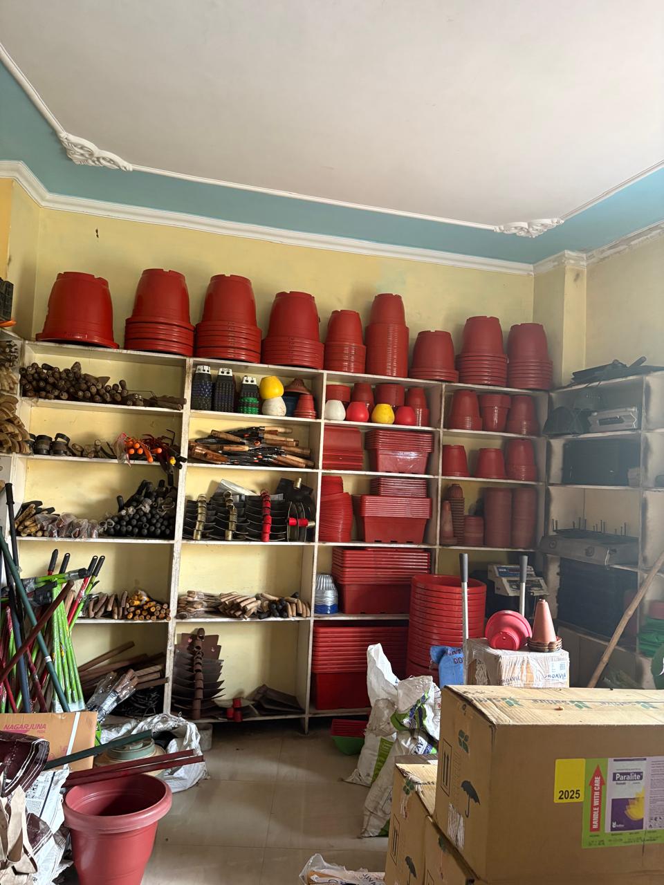 Garden tools and pots in a shop